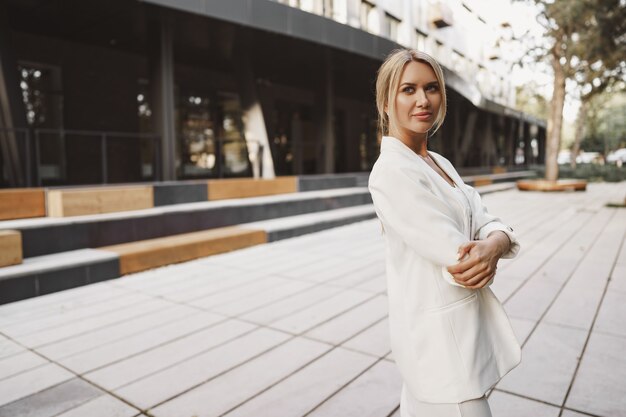 Close up portrait of young businesswoman going to office