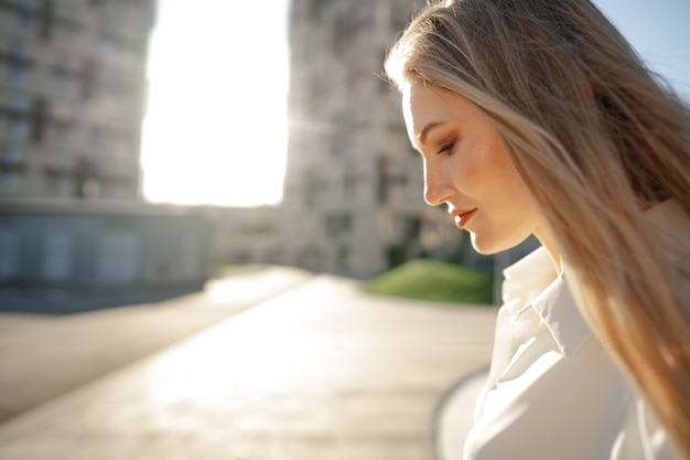 Close up portrait of young businesswoman outdoors