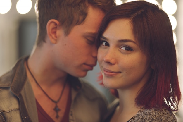 Close up portrait young couple moments together