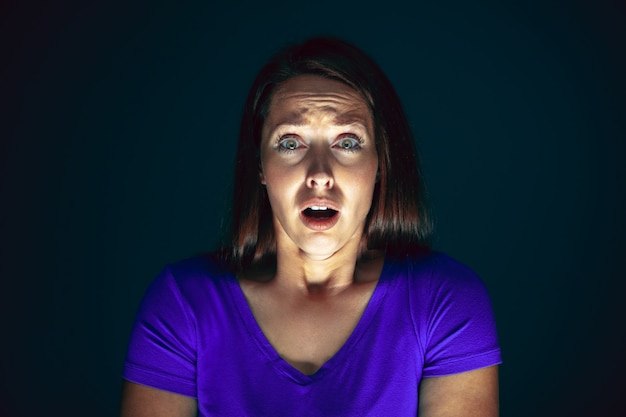 Close up portrait of young crazy scared and shocked woman isolated on dark background