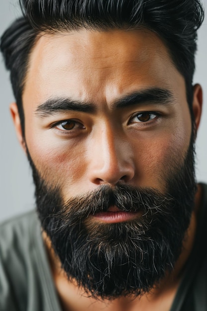 Photo close up portrait of young hadsome serious bearded japanese man on the grey background