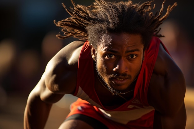 Close up portrait of a young male athlete ready to start running