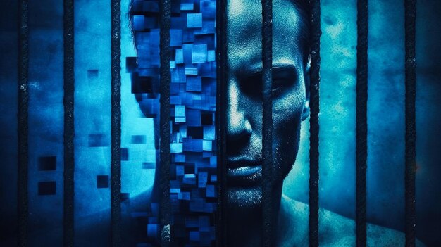 Close up portrait of a young man behind bars Isolate himself prisoner of his mind Generative AI