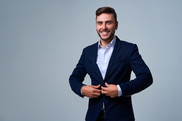 Close up portrait young man businessman. Caucasian guy business suit