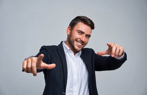 Close up portrait young man businessman. Caucasian guy business suit