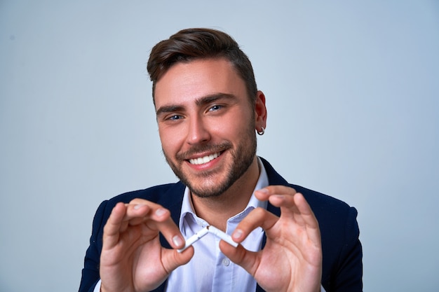 Close up portrait young man businessman. Caucasian guy business suit