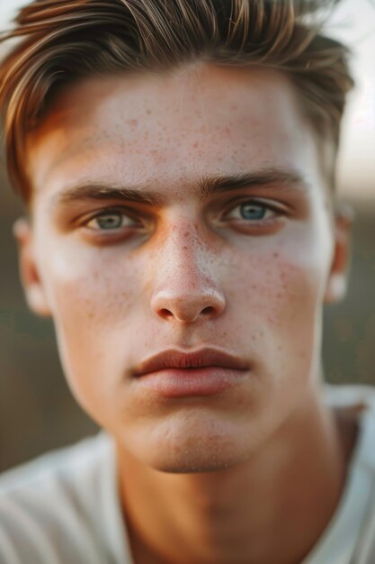 Photo close up portrait of a young man with freckles suitable for skincare and beauty concepts