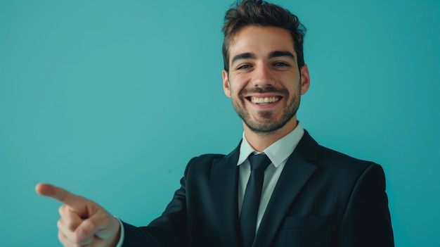 Close up portrait of young successful brunete stockmarket broker guy on the pure light blue background