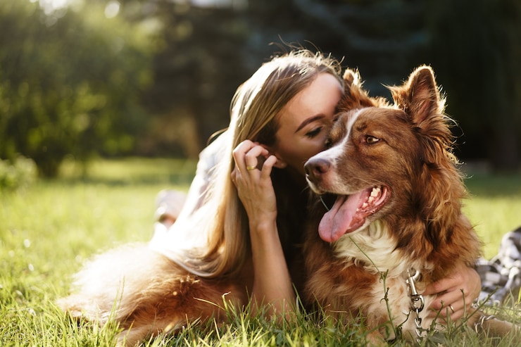 Photo close up portrait of young woman kissing her dog in the park