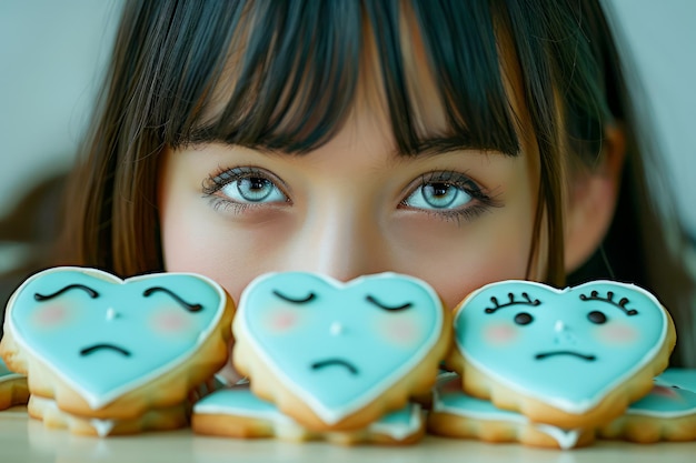 Foto ritratto di una giovane donna con gli occhi blu dietro biscotti decorati a forma di cuore con il viso