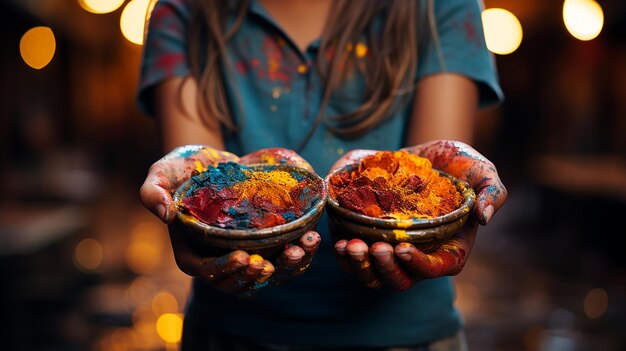 close up portrait of young woman with a bowl of indian festival holi