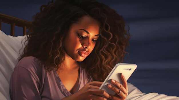 Close-up portret Afro-Amerikaanse vrouw die naar de telefoon kijkt terwijl ze in bed ligt