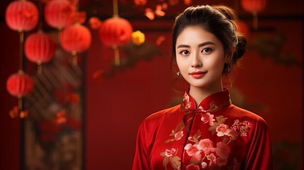 Foto close-up portret aziatische chinese vrouw in traditionele cheongsam qipao jurk op wazig rode lantaarn achtergrond chinees nieuwjaar gegenereerde ai