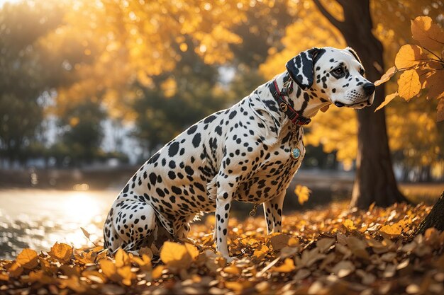 close-up portret grappige schattige Dalmatische hond zittend in de herfst bladeren ai generatief