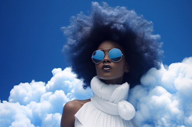 Close-up portret jonge afro vrouw met blauw haar trendy kapsel in de vorm van een wolk tegen de hemel Stylish model met zonnebril Bold surrealistisch beeld