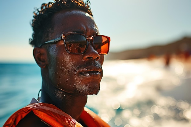 Close-up portret knappe Afro-Amerikaanse badmeester zonnebril oranje reddingsvest zee strand