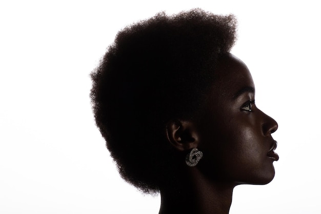 Close-up portret van Afro-Amerikaanse vrouw met afro kapsel op witte studio background