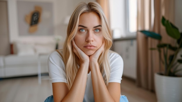 Close-up portret van bedachtzame jonge blonde vrouw die alleen zit in de woonkamer en droevig uitziet kwam