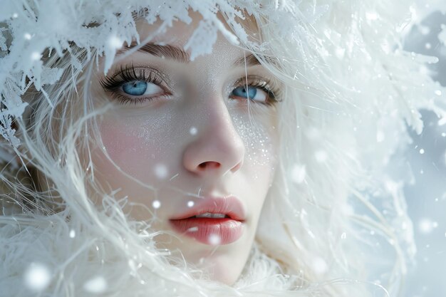Close-up portret van blonde vrouw vliegende sneeuwvlokken winter