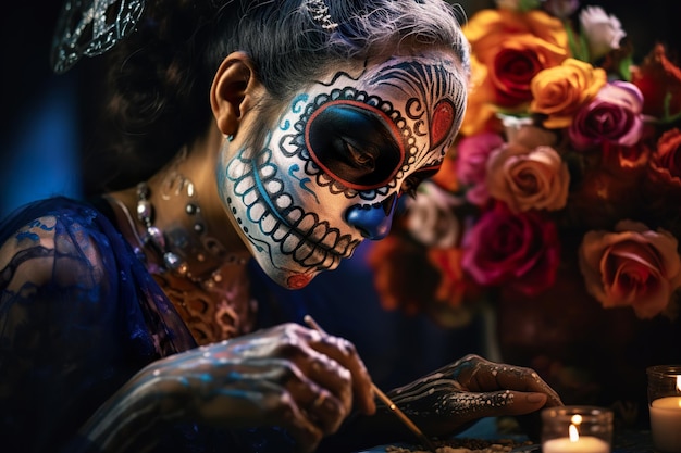 Close-up portret van calavera catrina jonge vrouw met suiker schedel make-up dag van de doden