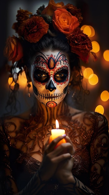 Close-up portret van calavera catrina jonge vrouw met suiker schedel make-up dag van de doden