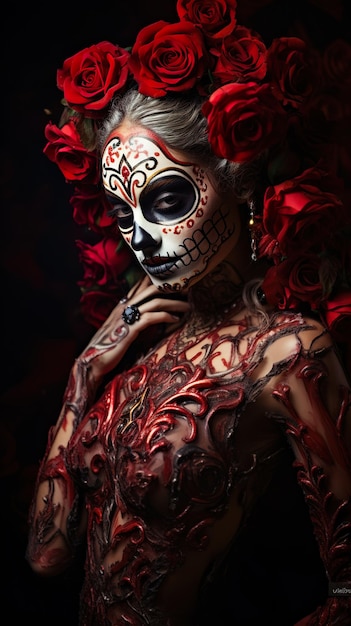 Close-up portret van calavera catrina jonge vrouw met suiker schedel make-up dag van de doden