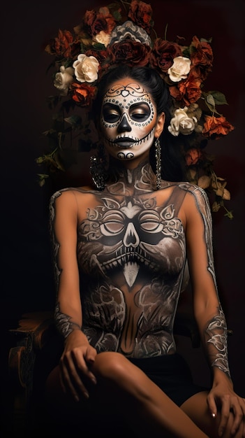 Close-up portret van calavera catrina jonge vrouw met suiker schedel make-up dag van de doden