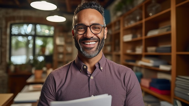 Close-up portret van de eigenaar van een klein bedrijf die zijn rekeningen en inkomsten berekent Het nodige papierwerk doen voor zijn bedrijf Verwerkt met generatieve AI-technologie