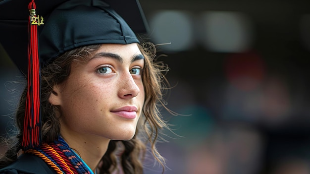 Close-up portret van een afgestudeerd meisje met een zwarte pet met een rode tassel Kopieer ruimte Afstudeerthema