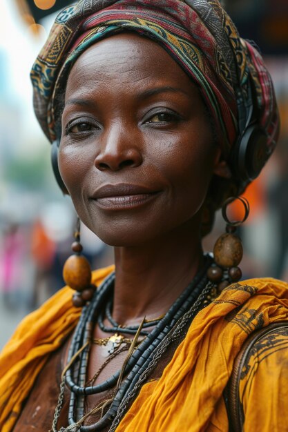 Close-up portret van een Afro-Amerikaanse vrouw met koptelefoon op een stadsstraat