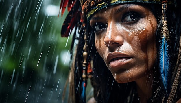 Foto close-up portret van een amazone vrouw onder een waterval in het amazone regenwoud