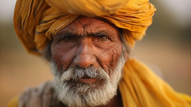 Close-Up portret van een bejaarde man met turban in de schemering