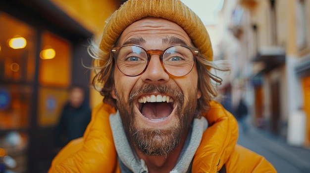 Foto close-up portret van een gelukkige man in hoed en gele jas op straat