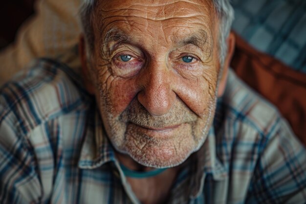 Foto close-up portret van een gelukkige oudere man die naar de camera kijkt