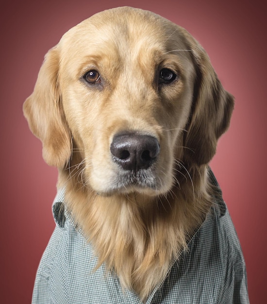 Close-up portret van een golden retriever op een rode achtergrond
