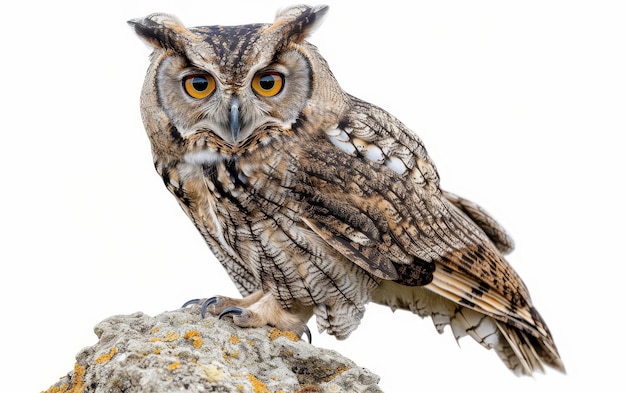 Close-up portret van een Great Horned Owl met doordringende ogen geïsoleerd op wit