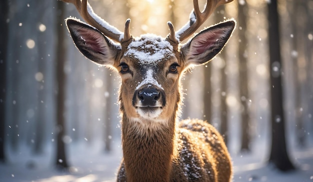 Close-up portret van een hert met sneeuwval en winterbos achtergrond