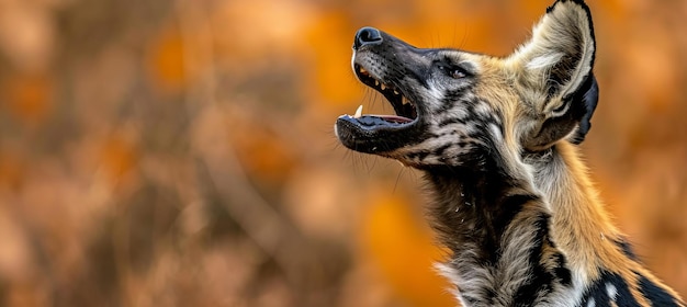 Foto close-up portret van een huilende wilde hond met ruimte voor tekst ideaal voor wilde dieren en natuur concepten