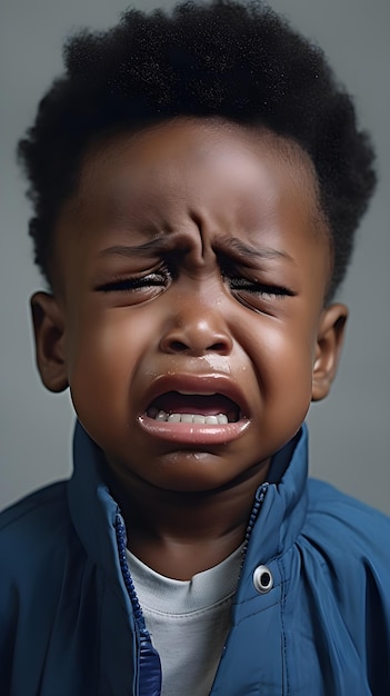 Close-up portret van een huilende zwarte jongen op een witte achtergrond met ruimte voor tekst