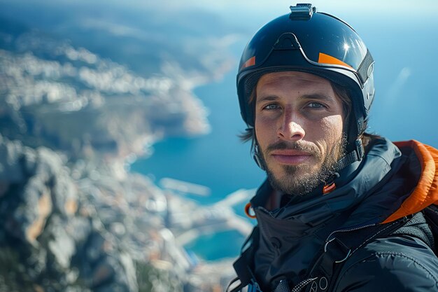 Foto close-up portret van een jonge avontuurlijke man met helm tegen een schilderachtige bergachtige achtergrond