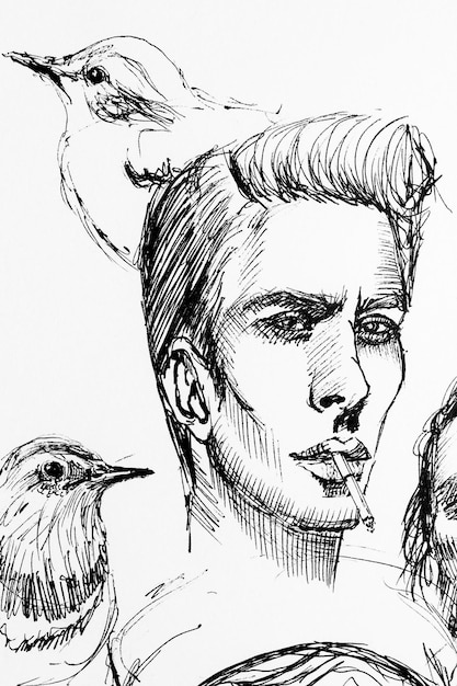 Close-up portret van een jonge man die een sigaret rookt Vogels rond tekenen met de hand met zwarte inkt op papier