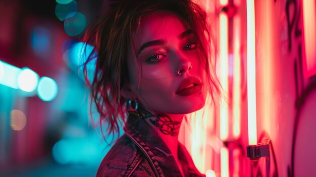 Close-up portret van een jonge mooie dame met getatoeëerd gezicht voor neon flyer achtergrond