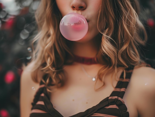Foto close-up portret van een jonge mooie vrouw die buiten kauwgom blaast