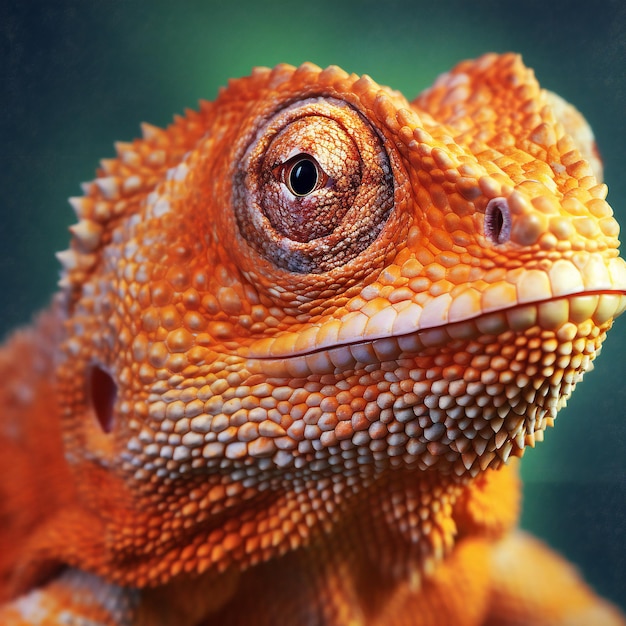 Close-up portret van een kameleon op een groene achtergrond