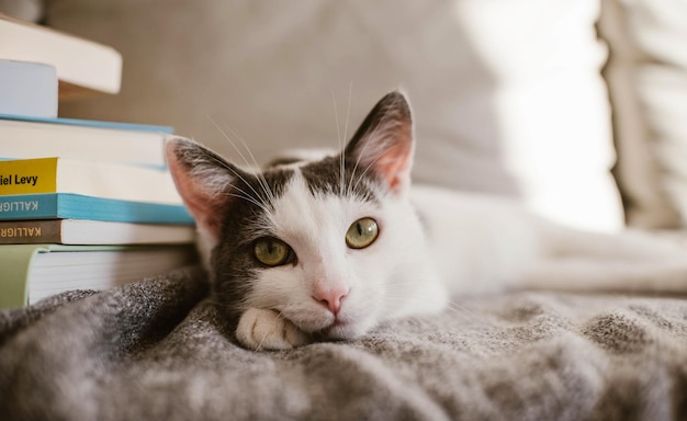 Close-up portret van een kat die op een deken ligt