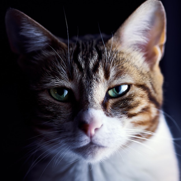 Close-up portret van een kat op een zwarte achtergrond