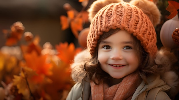 Close-up portret van een kind met zachte verlichting en een herfst achtergrond Generatieve Ai