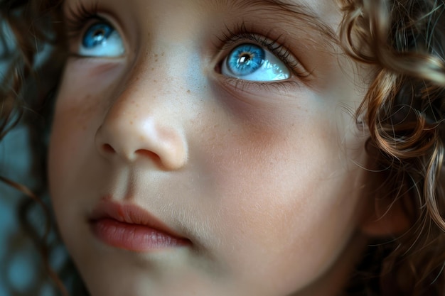 Close-up portret van een klein meisje met krullend haar en blauwe ogen