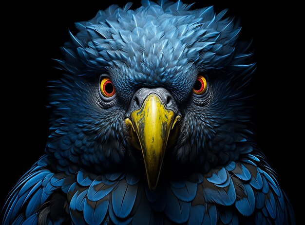 Close-up portret van een kleurrijke papegaai met blauwe en gouden veren