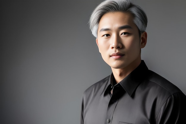 Close-up portret van een knappe Aziatische man met grijs haar in een zwart shirt